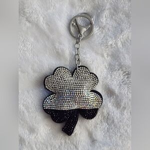 Black and Silver Rhinestone Clover Keychain Bag Charm